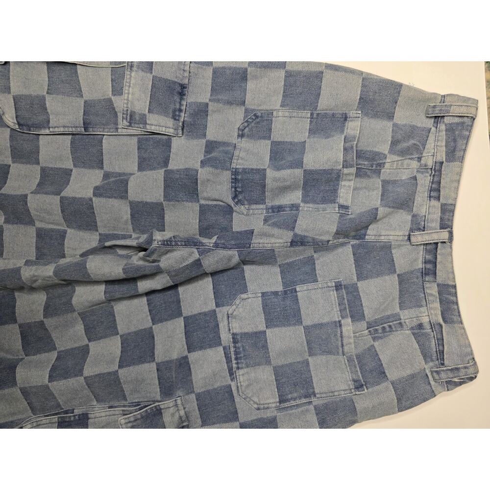 BiBi Wide Leg Jeans Womens Small Blue Light Wash High Rise Checkered Cargo Crop - Picture 9 of 13
